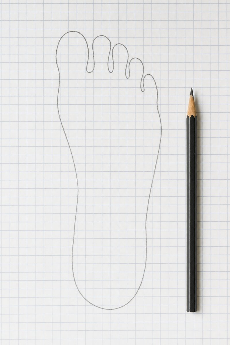Ein weißes Millimeterpapier von oben aufgenommen, darauf eine dünne mit Bleistift gezogene Umrisslinie eines Fußes mit Ferse unten und fünf Zehen oben; der Fuß selbst ist nicht im Bild, daneben liegt ein angespitzter Bleistift