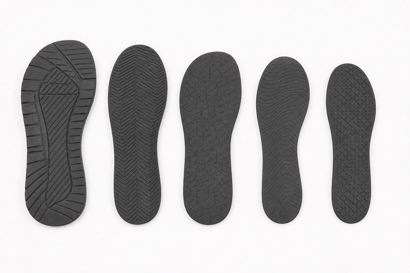 Fünf Laufsohlen von Barfußschuhen liegen in einer Reihe auf weißem Papier, von oben aufgenommen; sie unterscheiden sich sichtbar in Breite und Profiltiefe, keine hat eine erhöhte Ferse