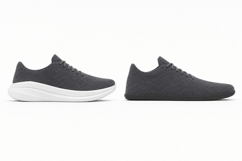 Zwei Laufschuhe stehen von der Seite aufgenommen nebeneinander auf weißem Papier; der linke hat eine dicke keilförmige Mittelsohle, die unter der Ferse viel höher ist als vorne, der rechte eine dünne Sohle mit gleicher Höhe von der Ferse bis zur Spitze