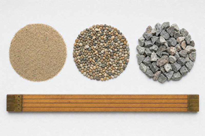 Drei kleine Häufchen Untergrundmaterial liegen in einer Reihe auf weißem Papier, von oben aufgenommen: links feiner Sand, in der Mitte runder Kies von etwa fünf Millimetern, rechts kantiger Schotter von etwa zwanzig Millimetern; darunter liegt ein hölzerner Zollstock