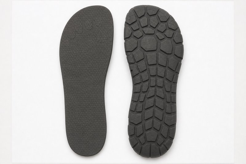 Zwei Barfußschuhe liegen mit der Sohle nach oben nebeneinander auf weißem Papier; die linke Sohle ist dünner mit flachem Profil, die rechte etwas dicker mit tieferen Stollen